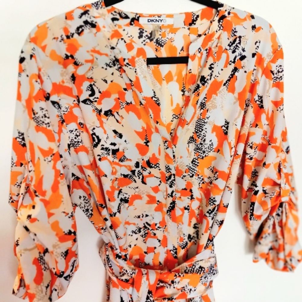 DKNYC Donna Karan Orange Abstract Print Tie-Waist Shift Dress Size XL